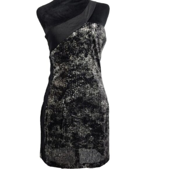 Jessica McClintock One Shoulder Strap Sequined Black and Gray Dress Women's 10 - Picture 1 of 8